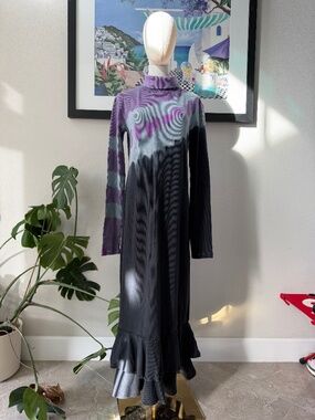 abacaxi NYC Gorgeous Tie Dye Ruffle Hem Turtleneck Maxi Dress Thick Cotton Large